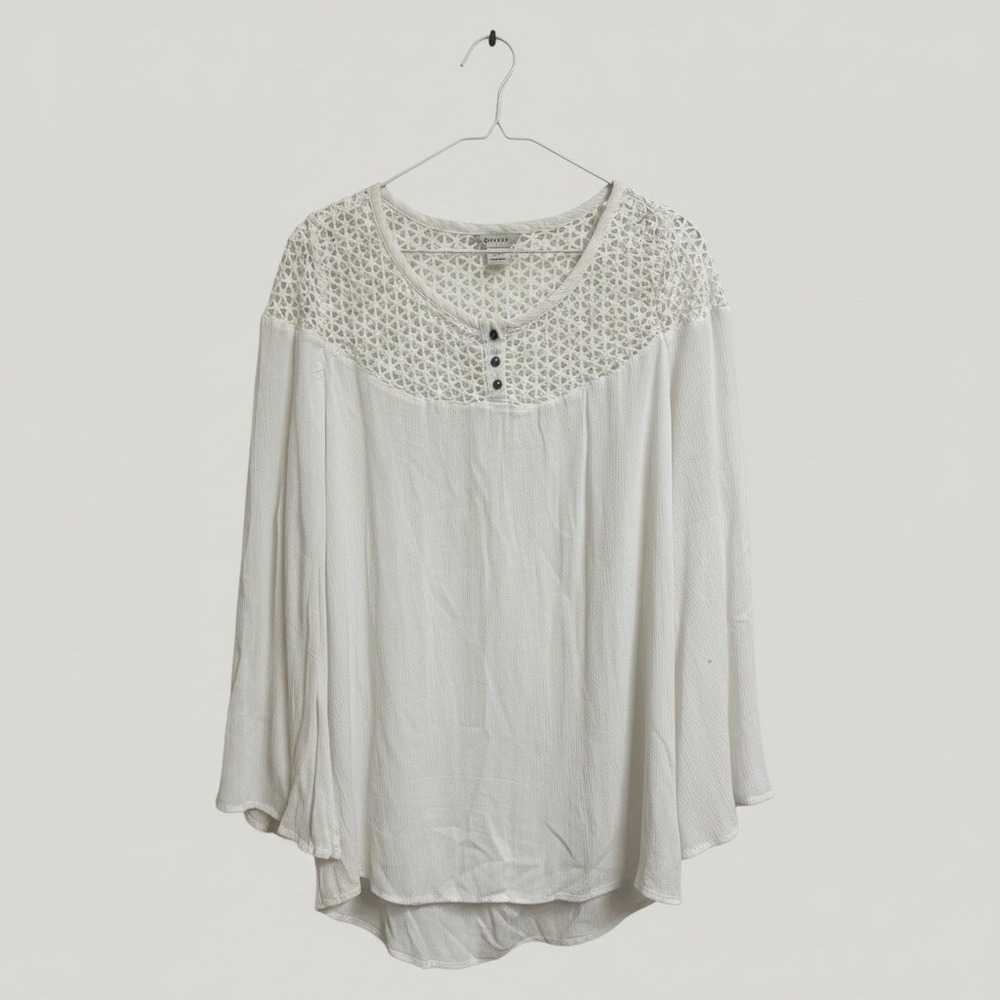 Ariat‎ Women's Boho Crochet Yoke Flowy Hi-Low Long Sleeve Blouse Cream Size XL